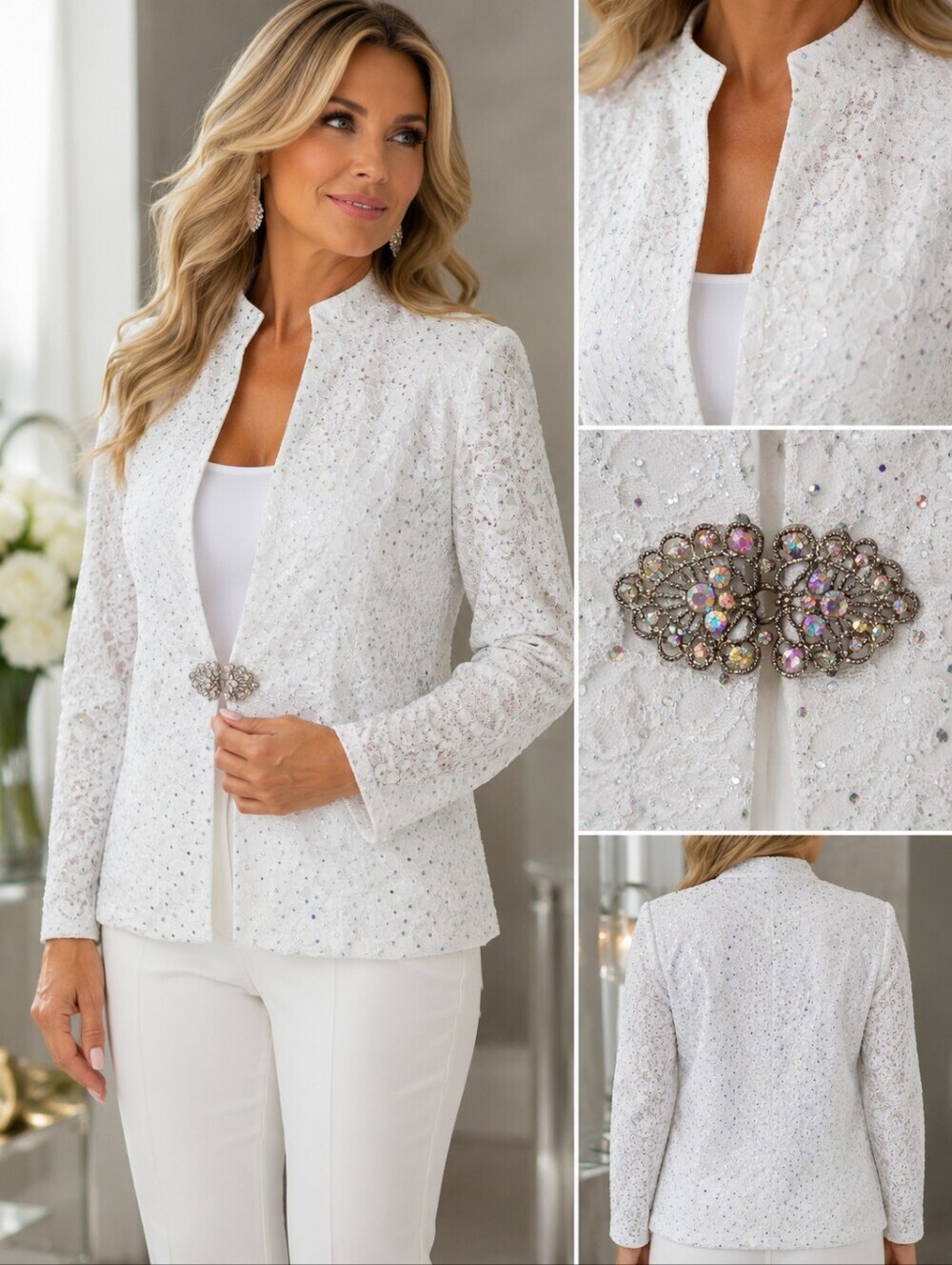 Collection dressbarn White Lace Embellished Jacket with Crystal Brooch Closure